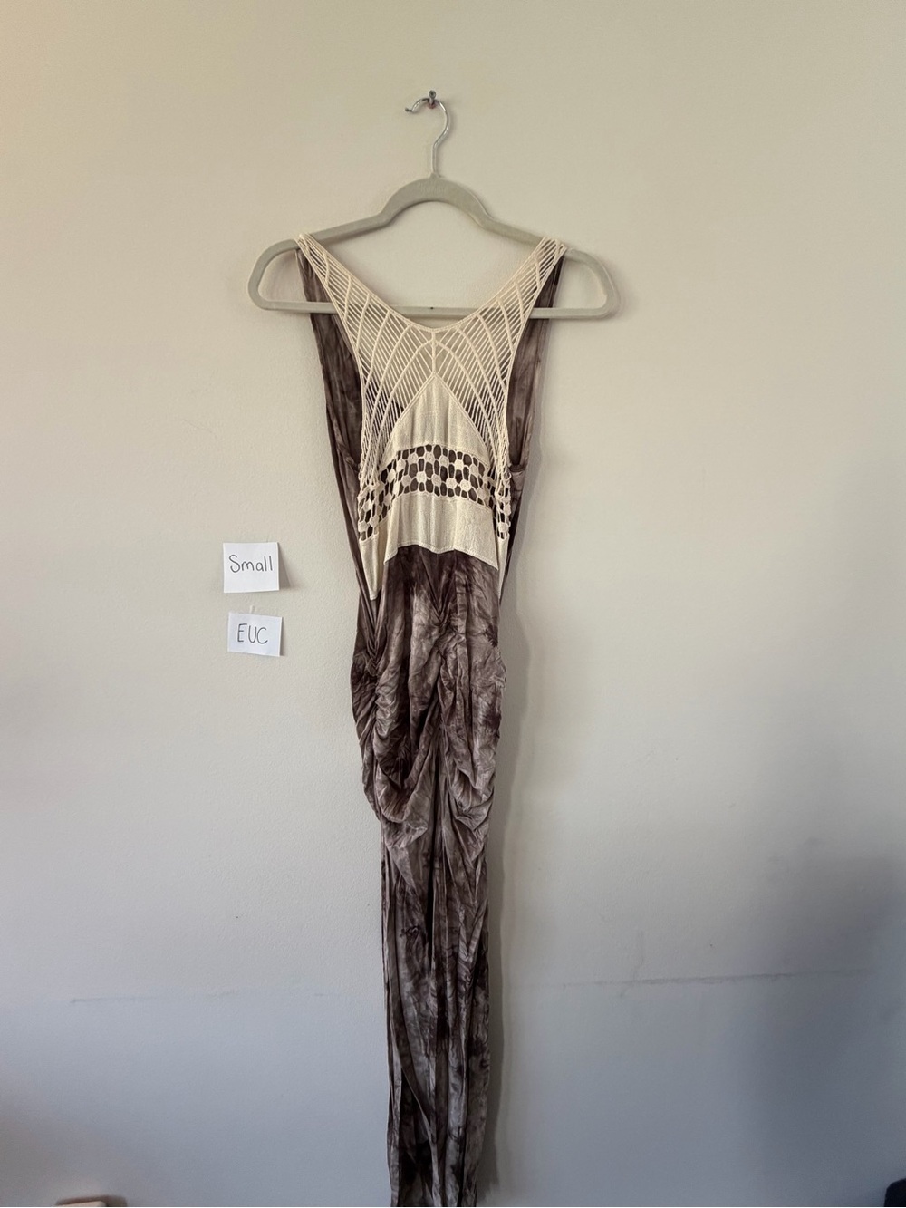 VENUS Crochet-Front Maxi Dress in Cream and Taupe